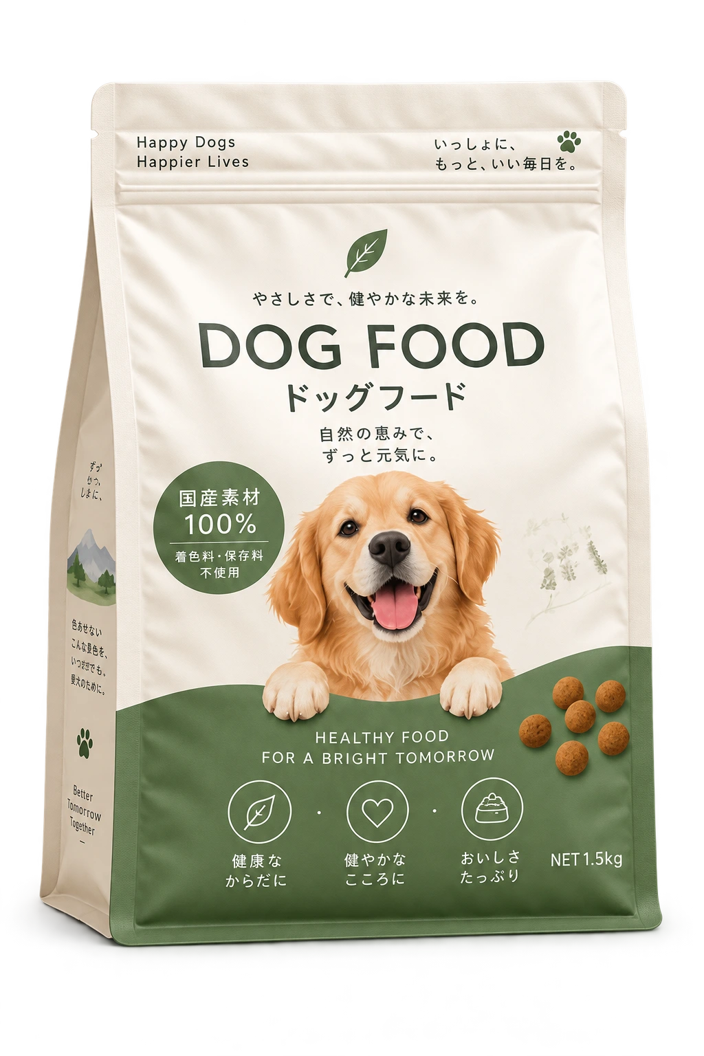 アイボリーとセージグリーンのドッグフードのパッケージ