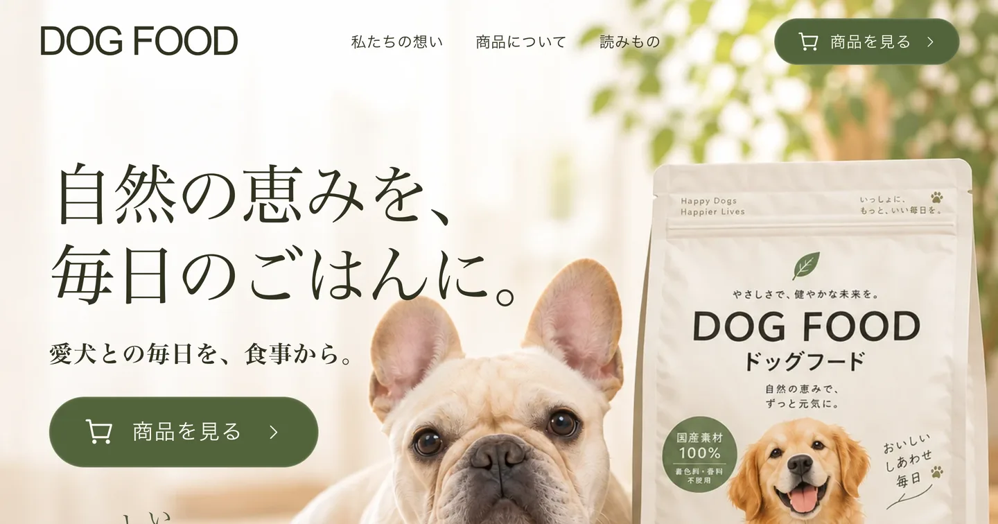 AIのデザイン画像から組んだ商品サイト（ドッグフードの見本）の画面