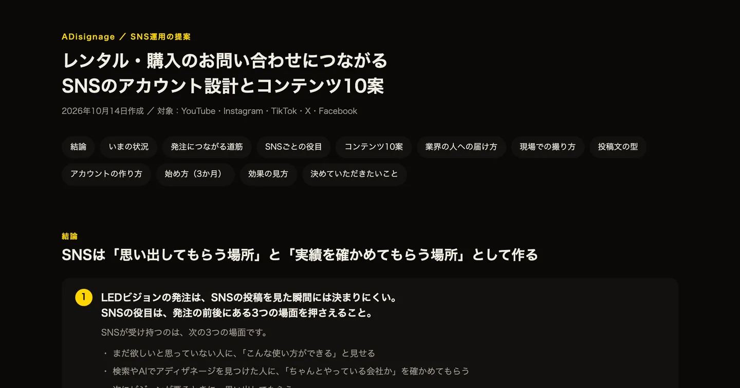 SNS運用の提案書（LEDビジョン事業・コンテンツ10案）の画面