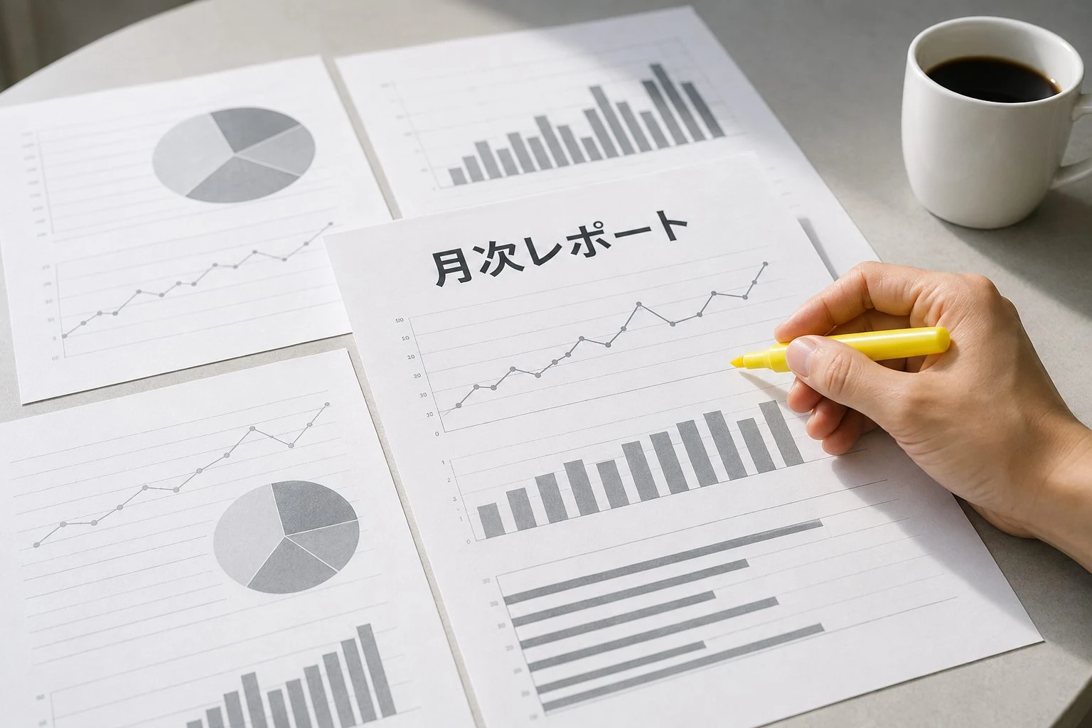 アクセスの推移グラフを朝のデスクで確認するイメージ