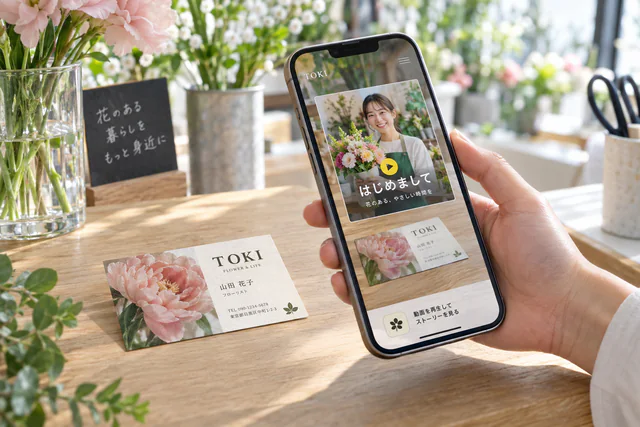 名刺にスマホをかざすと、自己紹介の動画が再生されるARの活用例