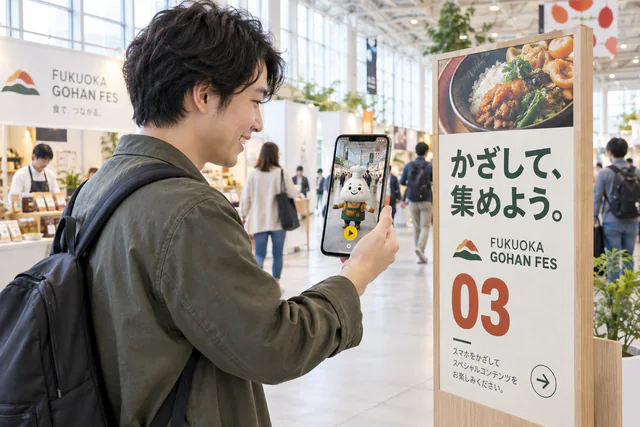 展示会場の看板にスマホをかざすと、通路にキャラクターが現れるAR演出の活用例