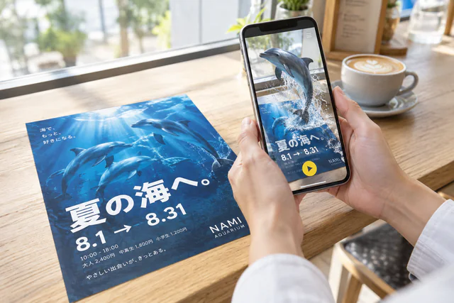 イベントのチラシにスマホをかざすと、紙面から3Dのイルカが飛び出すARの活用例