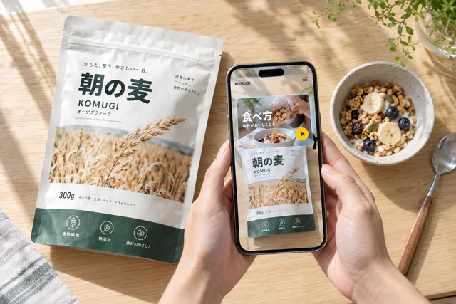 食品パッケージにスマホをかざすと、上に使い方の動画が立ち上がるARの活用例