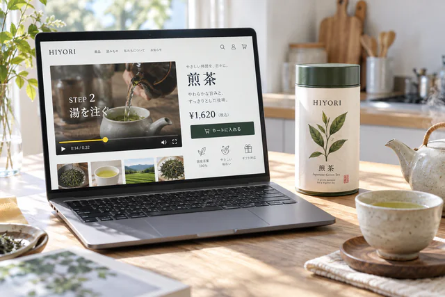 商品ページの中で使い方動画が再生されているノートPCと実物の商品