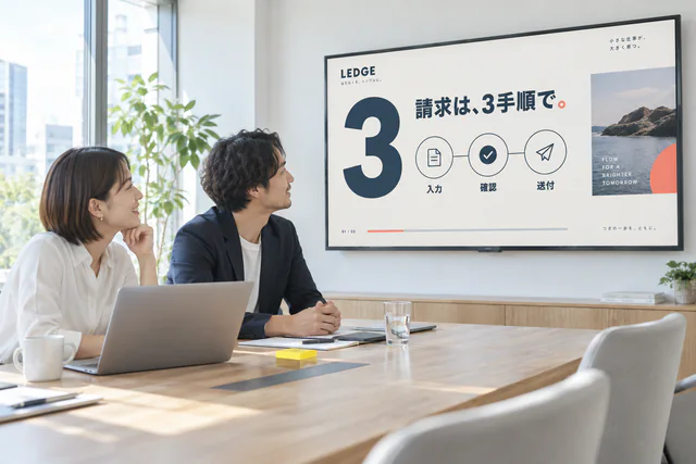 会議室のディスプレイに映るサービス紹介動画の1コマ