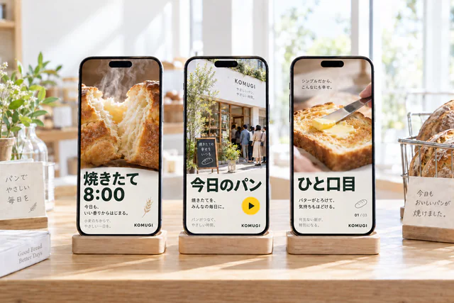 3台のスマホに並ぶ、パン屋のSNS用縦型短尺動画