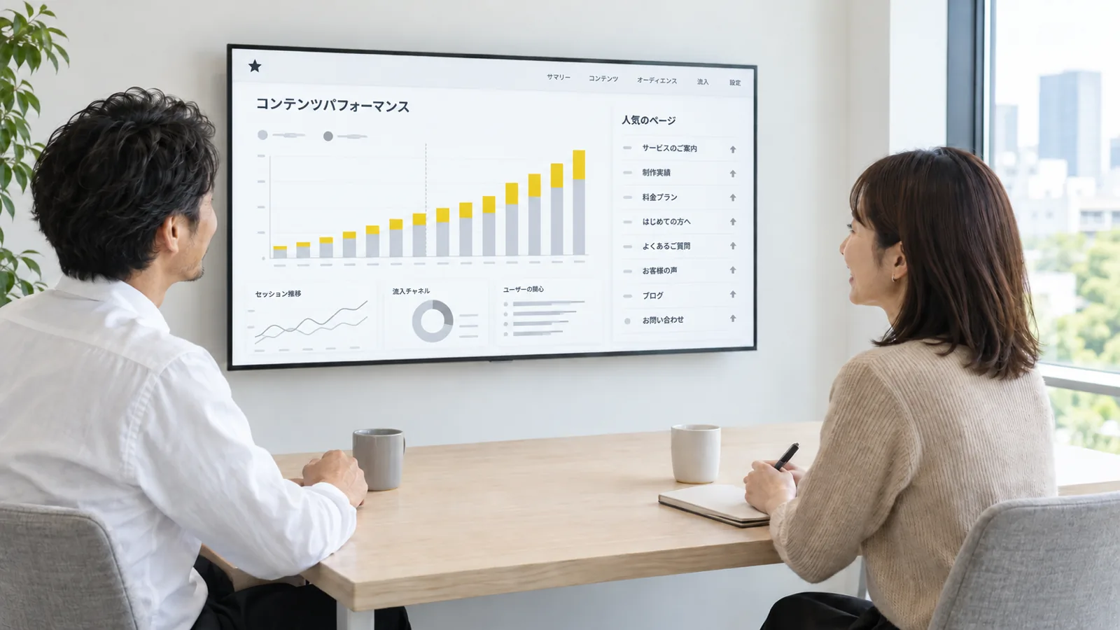 週に1回、検索の数字を画面に出して、次に直す記事を決めている打ち合わせ