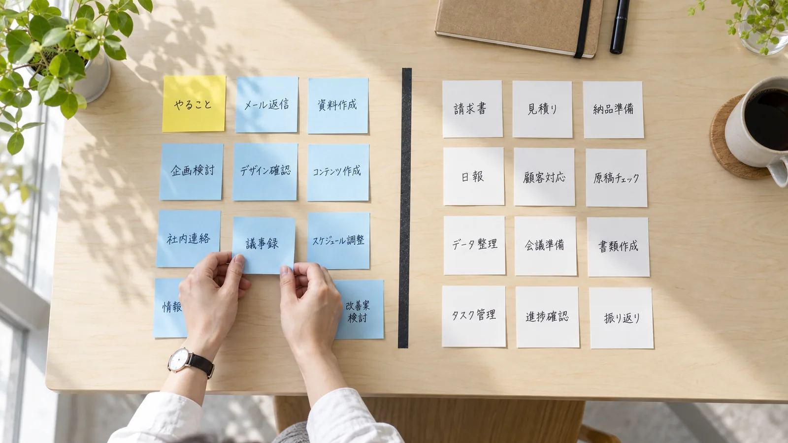 社内の仕事を付箋に1枚ずつ書き出し、2つのグループに仕分けている机の上