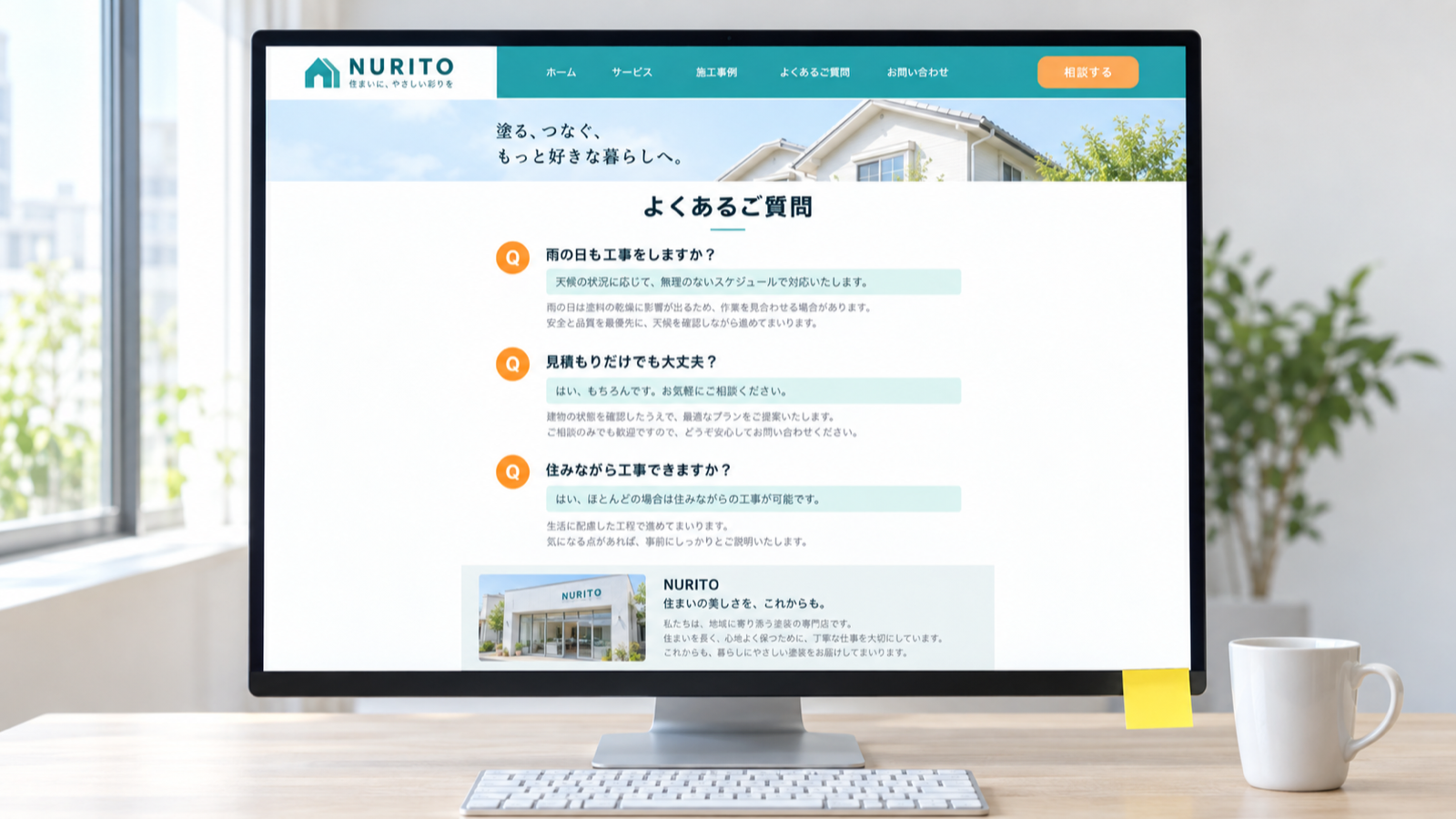 お客さまの質問をそのまま見出しにして、すぐ下に短い答えを置いた「よくあるご質問」のページをモニターに表示したところ