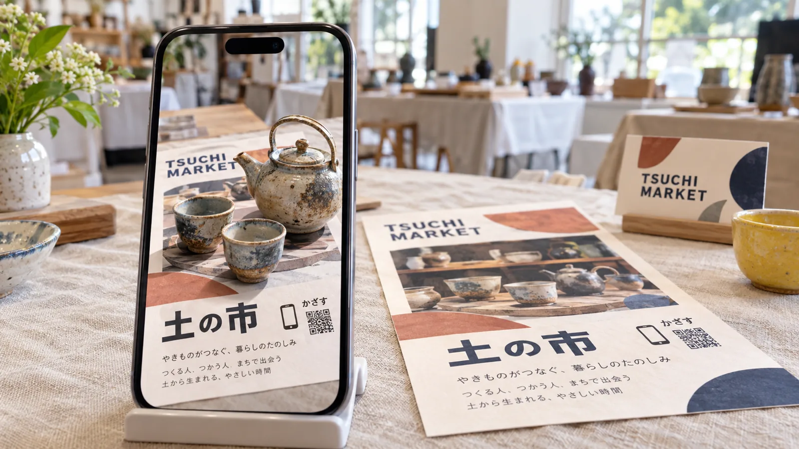 チラシを置いたテーブルの上で、スタンドに立てたスマホの画面の中に、チラシから3Dのティーポットが立ち上がっている様子