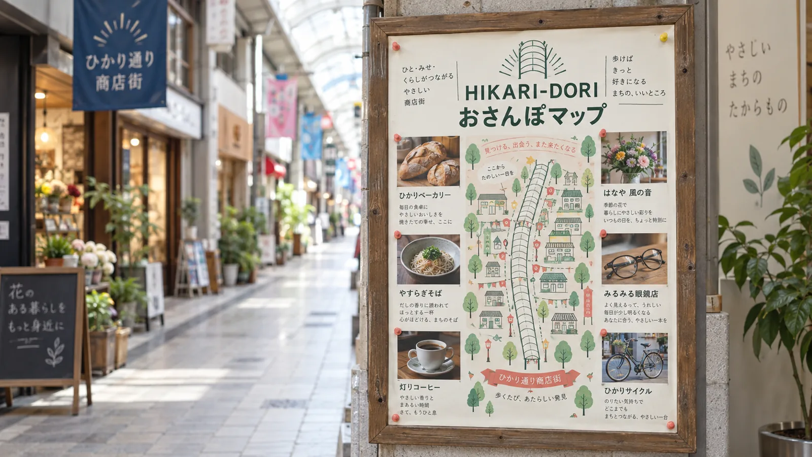 明るいアーケード商店街の柱に掛かった掲示板に、商店街のお店を紹介するイラストの案内マップが貼られている