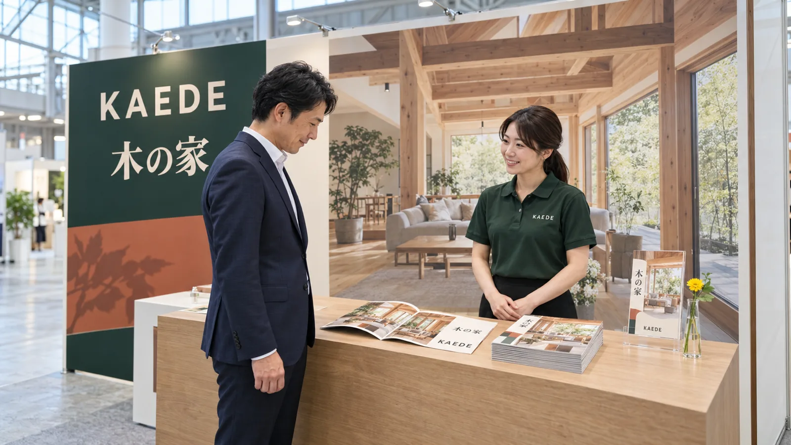 展示会の1小間で、来場した男性が会社案内を眺めている様子