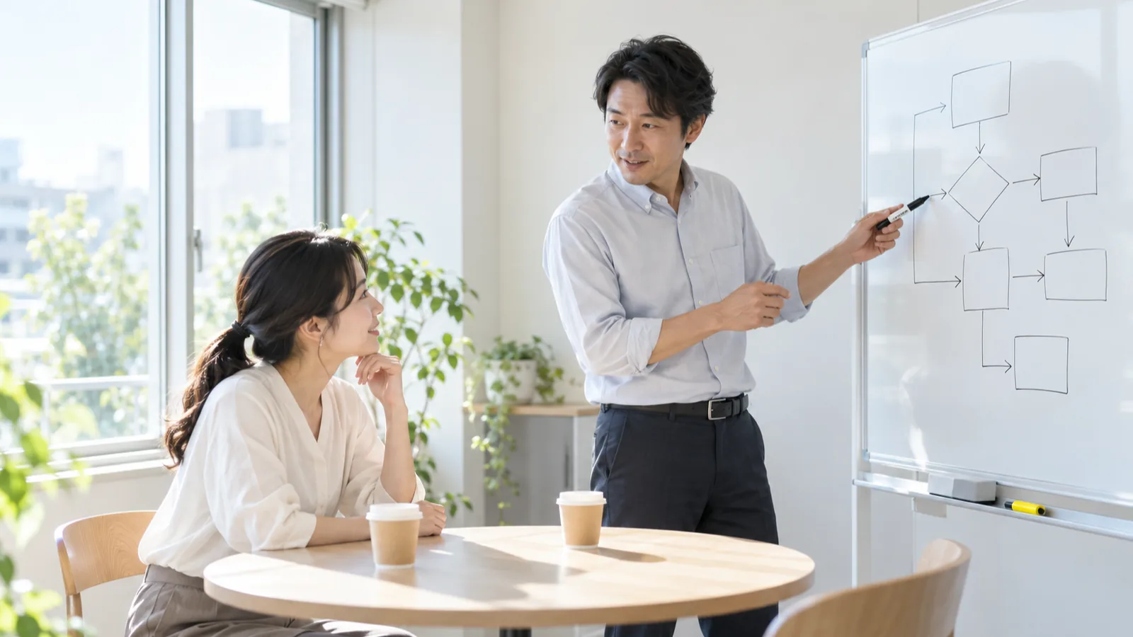 ホワイトボードの前で、業務の流れを指しながら打ち合わせをする担当者2人