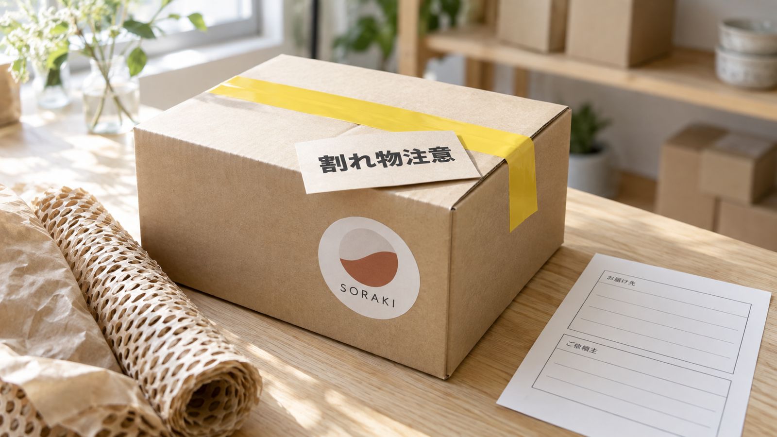 発送用の段ボールと梱包資材が並ぶ、ネットショップの発送作業デスク
