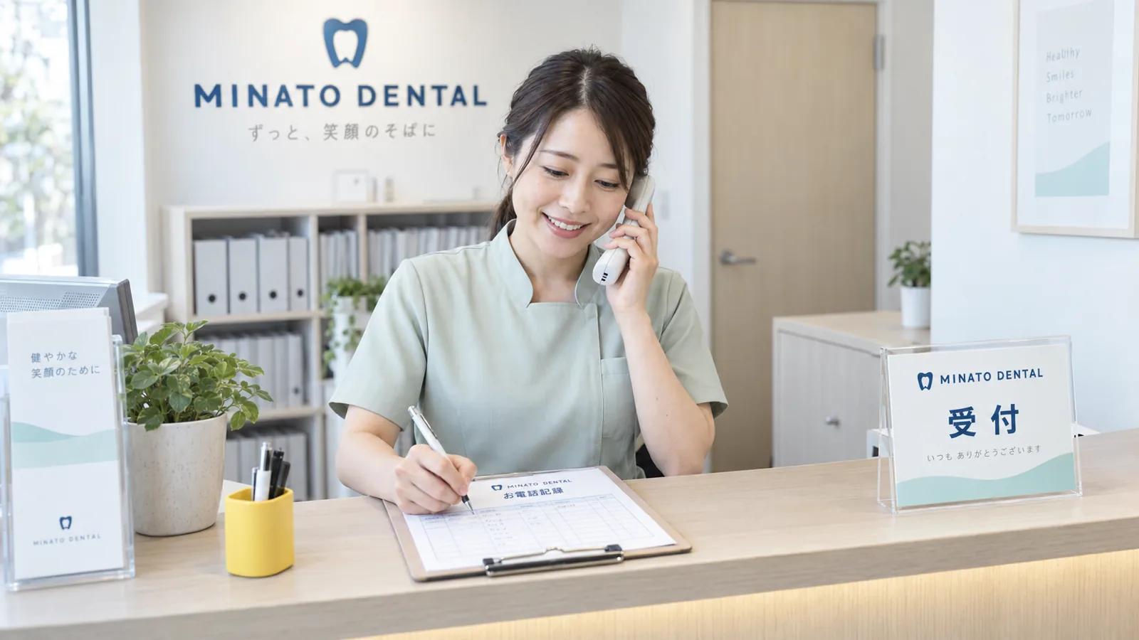 歯科医院の受付で、スタッフが電話を受けながら、手元の電話記録の用紙に内容を書き込んでいる