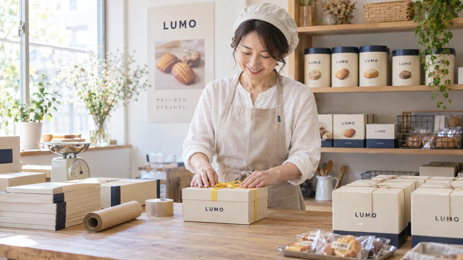 ギフトボックスを梱包する洋菓子通販店の出荷コーナー