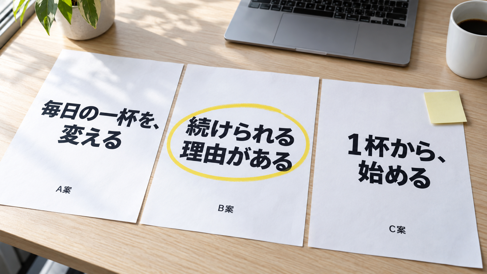 LPの構成案とキャッチコピーの候補が並んだデザイナーの作業デスク