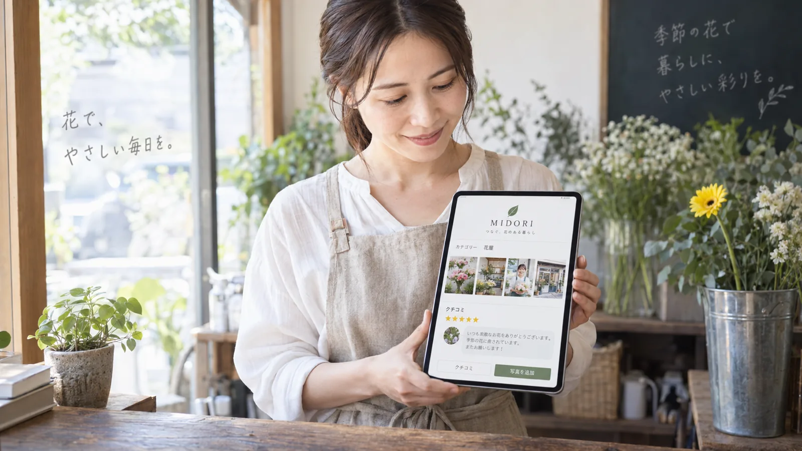 Googleビジネスプロフィールの写真とクチコミ欄を店頭のタブレットで確認するスタッフ
