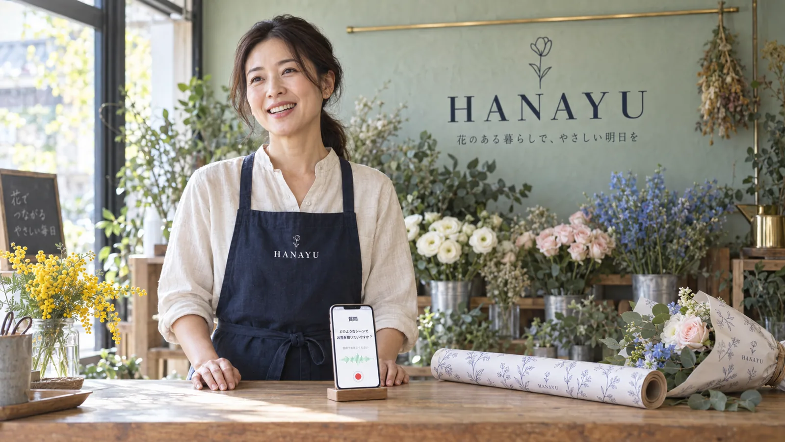 花屋のカウンターの後ろで、スタンドに立てたスマホに向かって、記事のための質問に音声で答えている店主