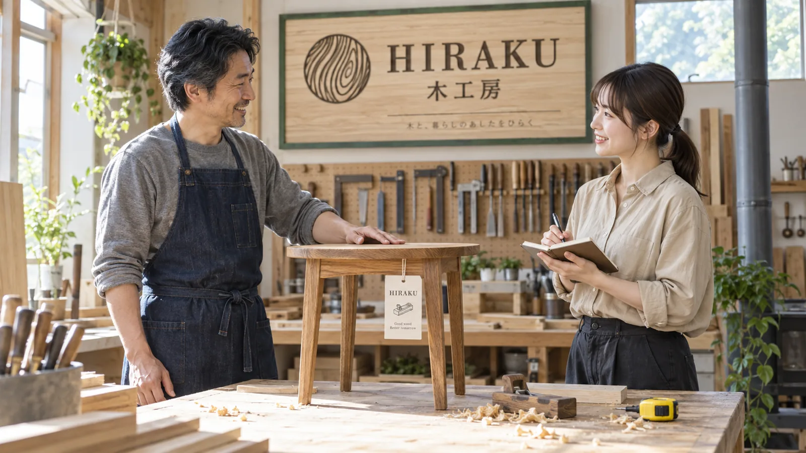 木工所の作業場で、担当者が職人に仕事の工夫を聞き取っている様子