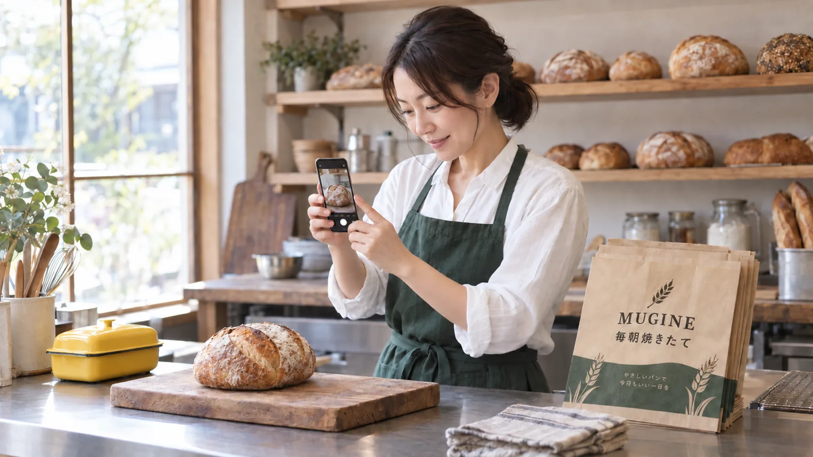 パン屋の店主が、商品ページに載せるパンを、開店前の作業台でスマートフォンを使って撮影している様子