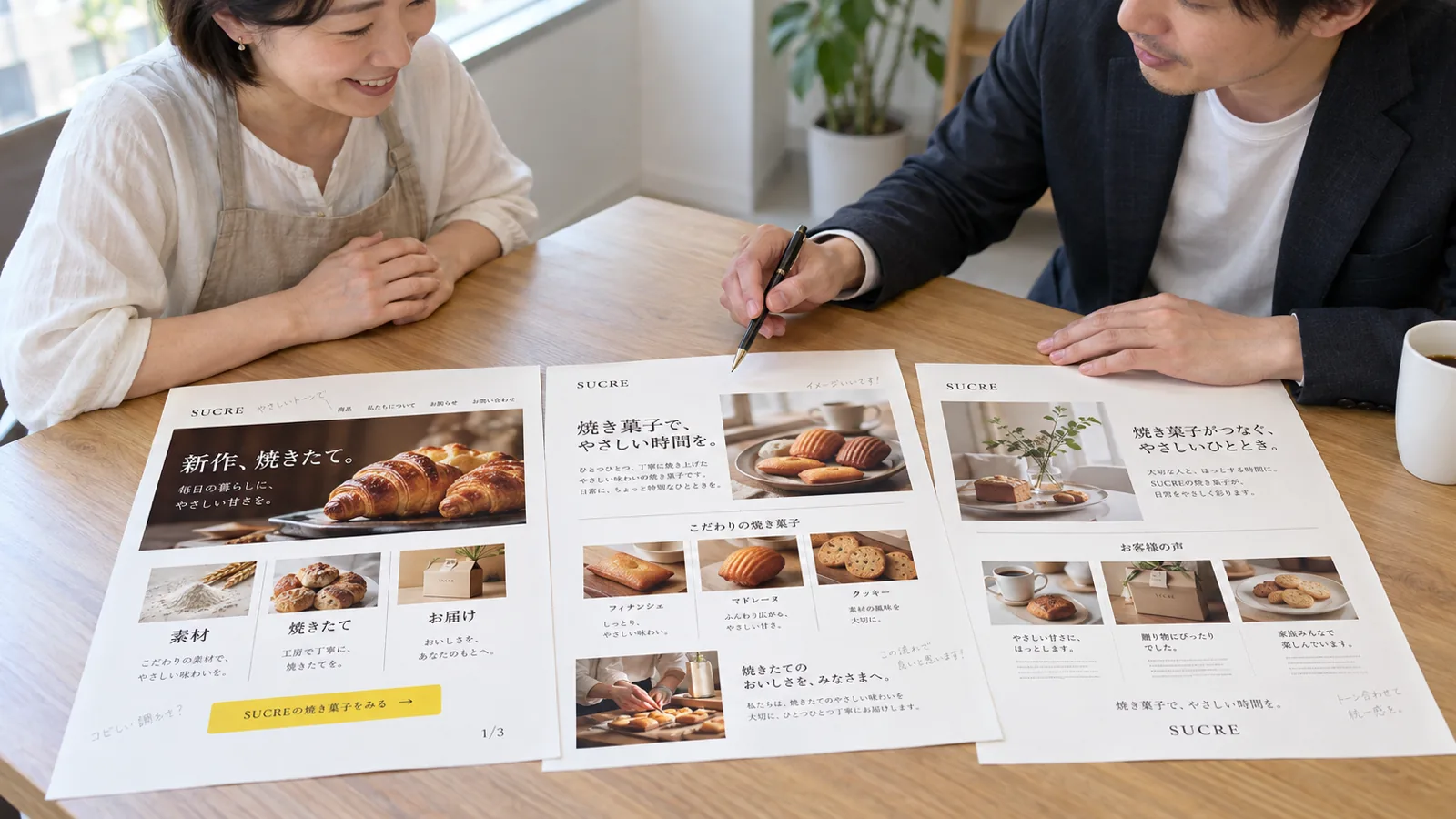 着地ページの構成案とキャッチコピーの候補を確認する打ち合わせの様子