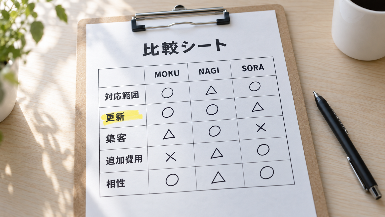 クリップボードに挟んだ比較シートに、5つの視点を◯△✕で書き込んだ手元