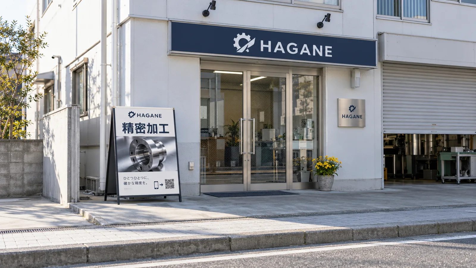 金属加工の小さな会社の入口。壁際の置き看板に、社名と短い見出し、QRコードが載っている