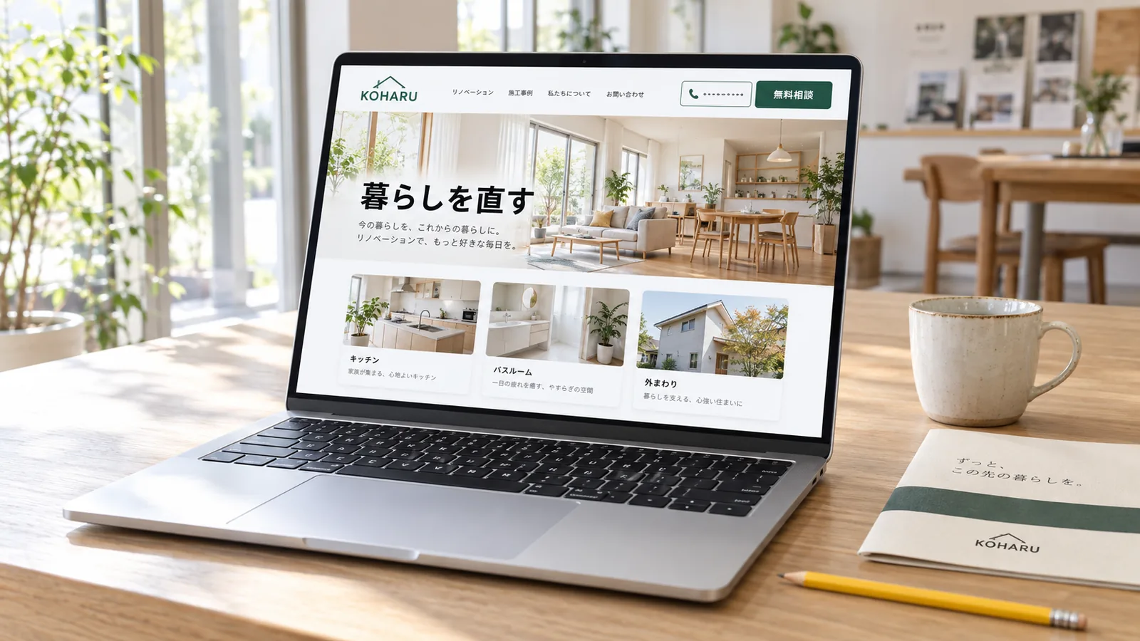 リフォーム会社のホームページを表示したノートパソコン。開いてすぐの画面の右上に、電話のボタンと「無料相談」のボタンが並んでいる