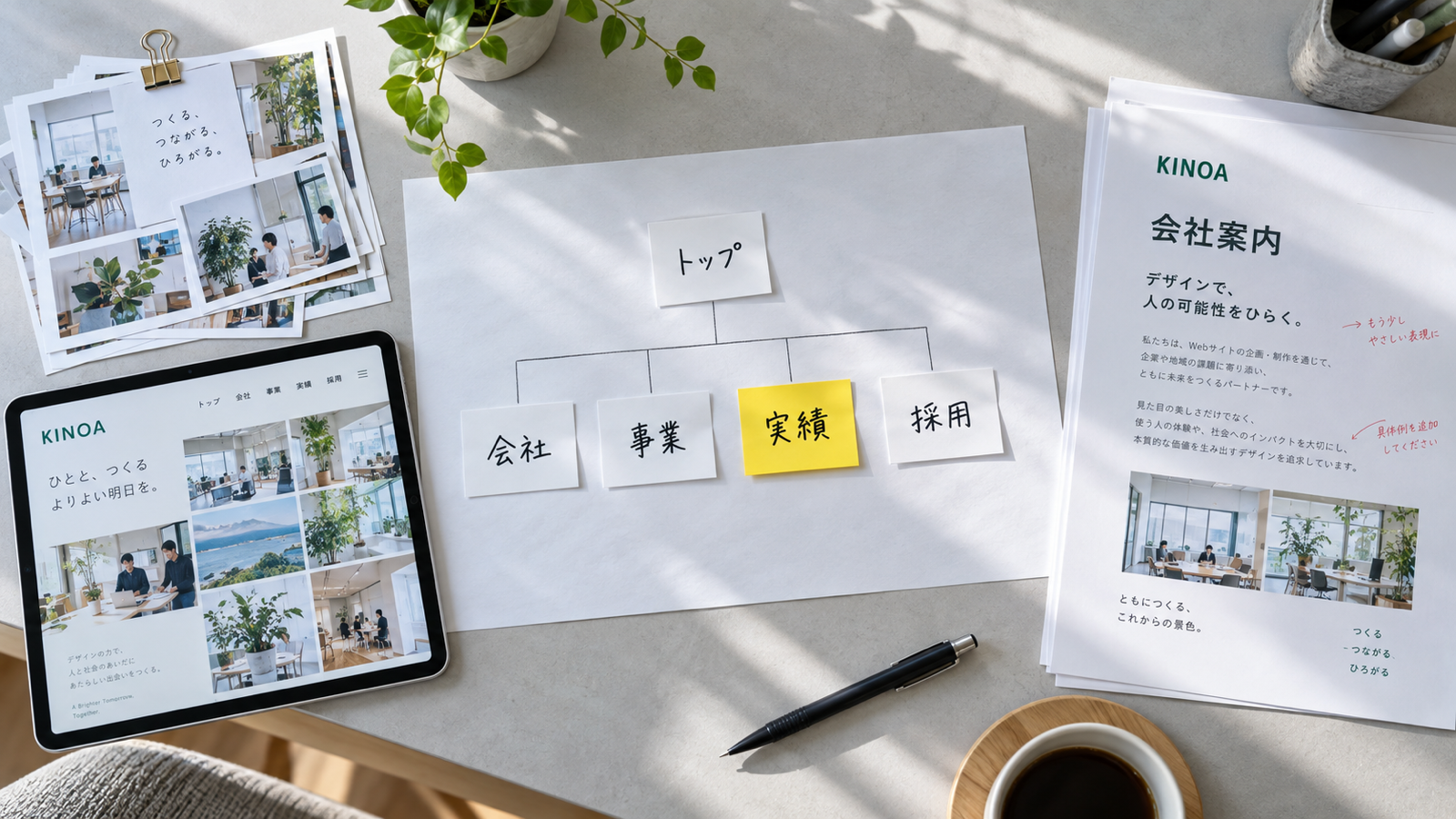 付箋で作ったサイトマップと写真の束、赤ペンの入った原稿が並んだデスクを真上から見たところ