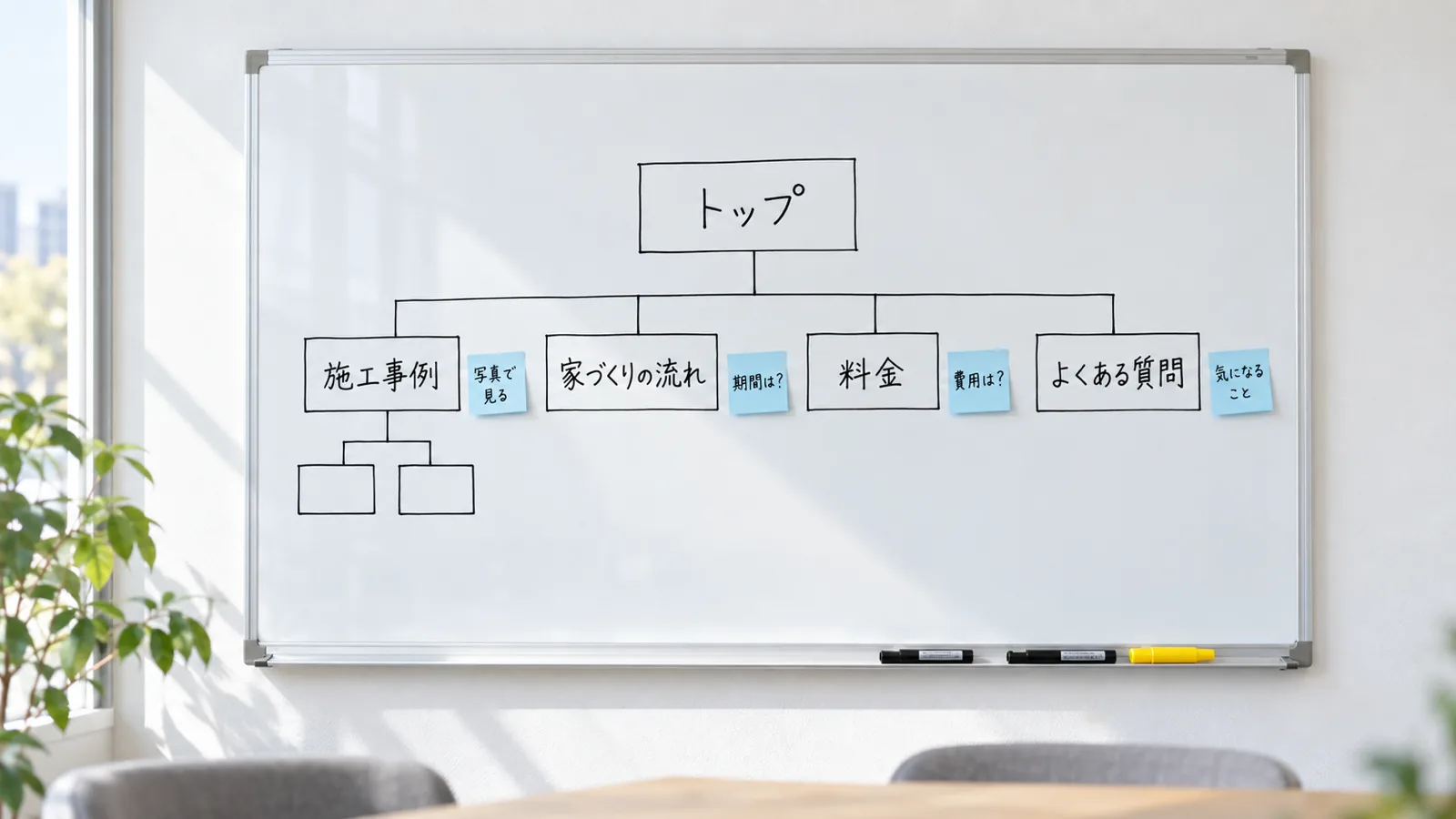 ホワイトボードに、トップページから会社概要・サービスごとのページ・実績・よくある質問へ枝分かれするページ構成の図が描かれ、各ページの横にお客さまの疑問を書いた付箋が貼られている