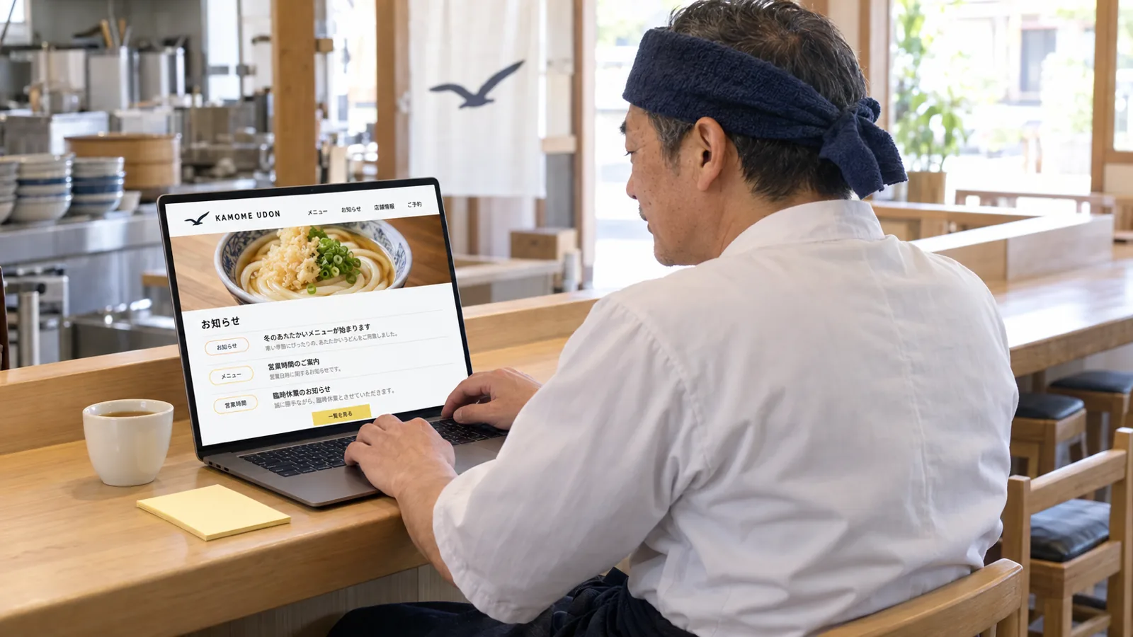 うどん店の店主がカウンター席で、お知らせ一覧の載った自店のホームページをノートPCで確認している様子