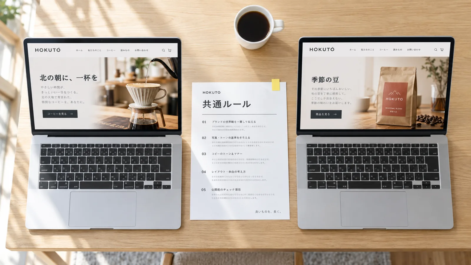 同じ共通ルールの紙をもとに、2台のノートパソコンで同じブランドのページを作っているイメージ