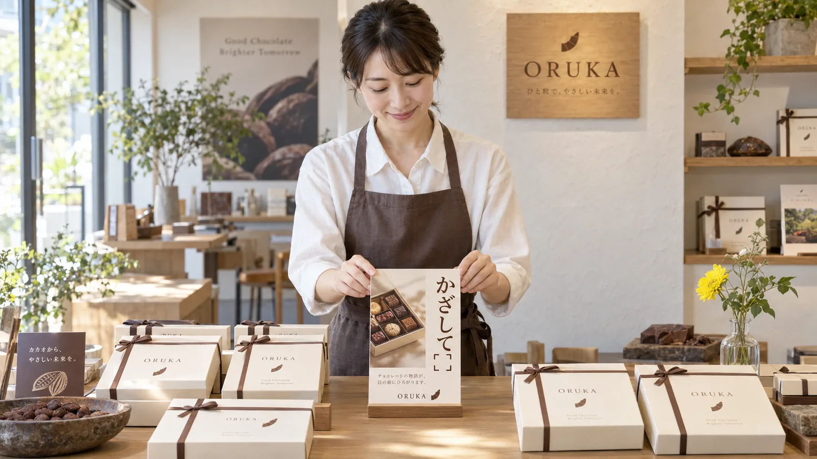 チョコレート店のスタッフが、商品の箱の前に「かざして」と書いた卓上のARの案内カードを立てて位置を整えている様子