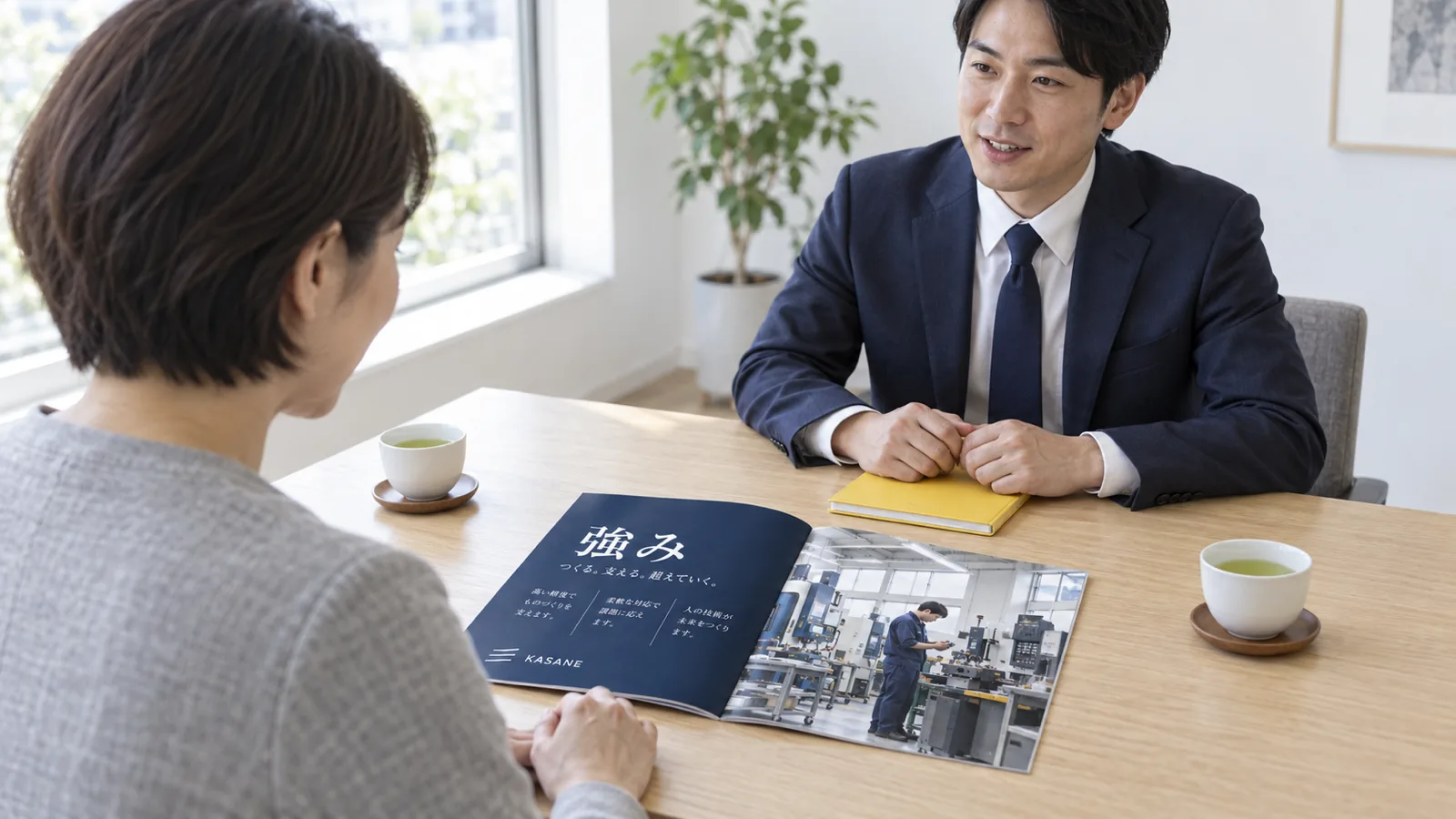 商談の席で、営業担当者が会社案内パンフレットを開いて、向かいに座ったお客さまに説明している様子