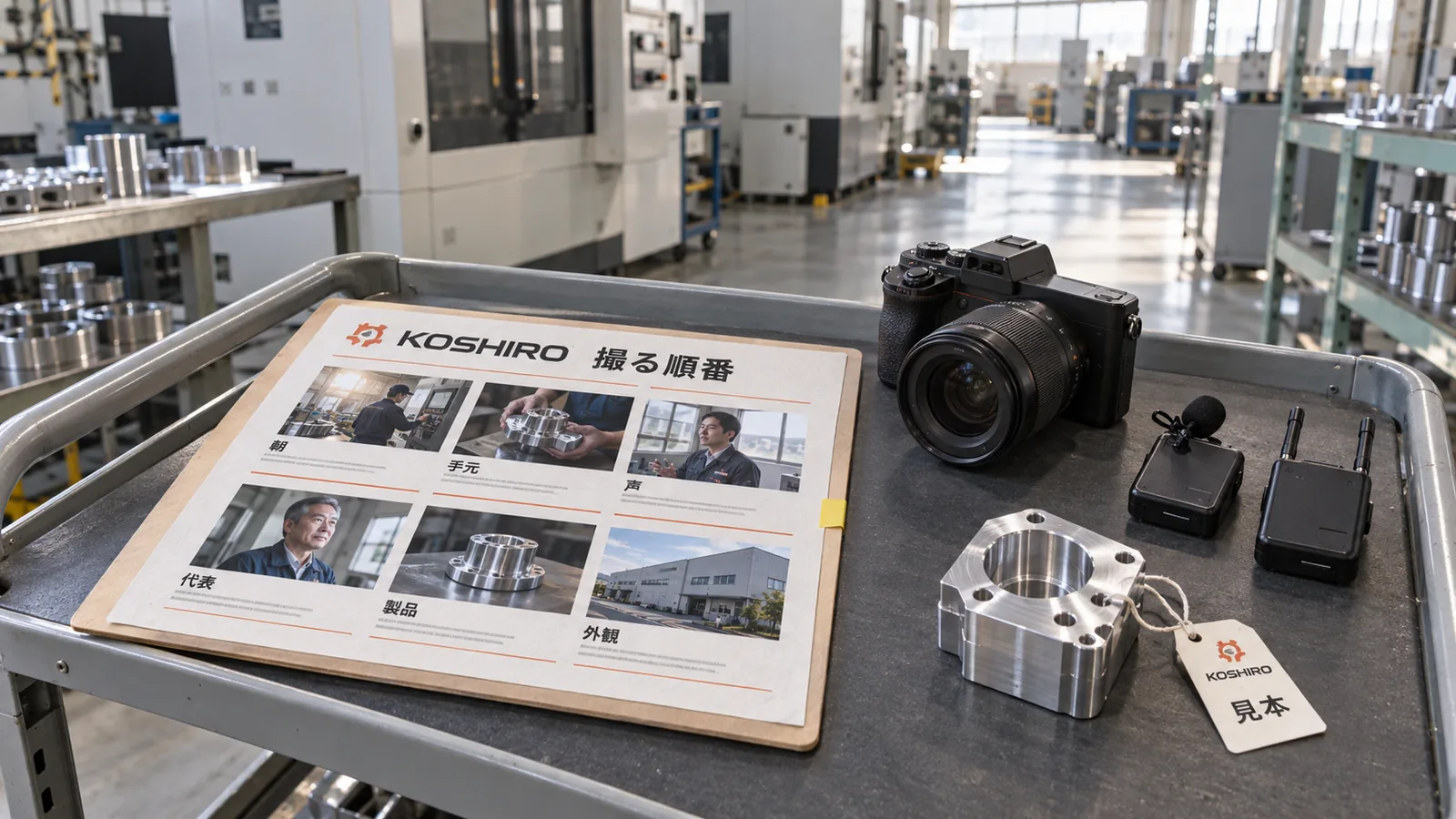 撮影当日の町工場で、機材ワゴンの上に場面ごとの写真を並べたカット表とカメラ、ワイヤレスマイク、製品の見本を用意した様子