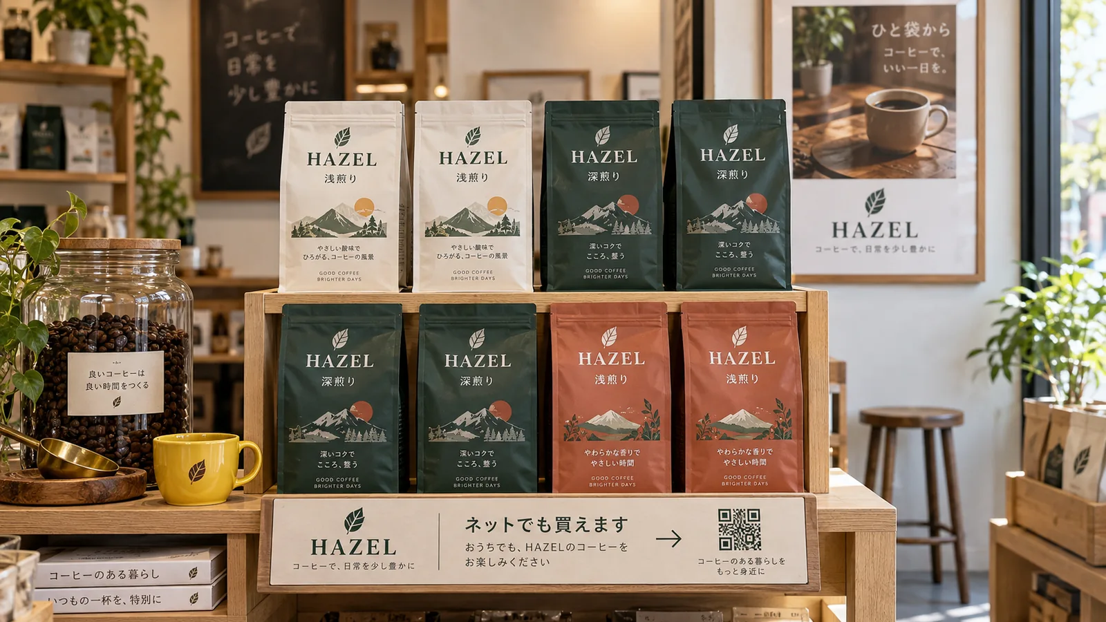 焼きたてのコーヒー豆の袋が並ぶ小さな店の棚。棚札に、ネットでも買えることを知らせる文言と、QRコード風の読み取りコードが付いている