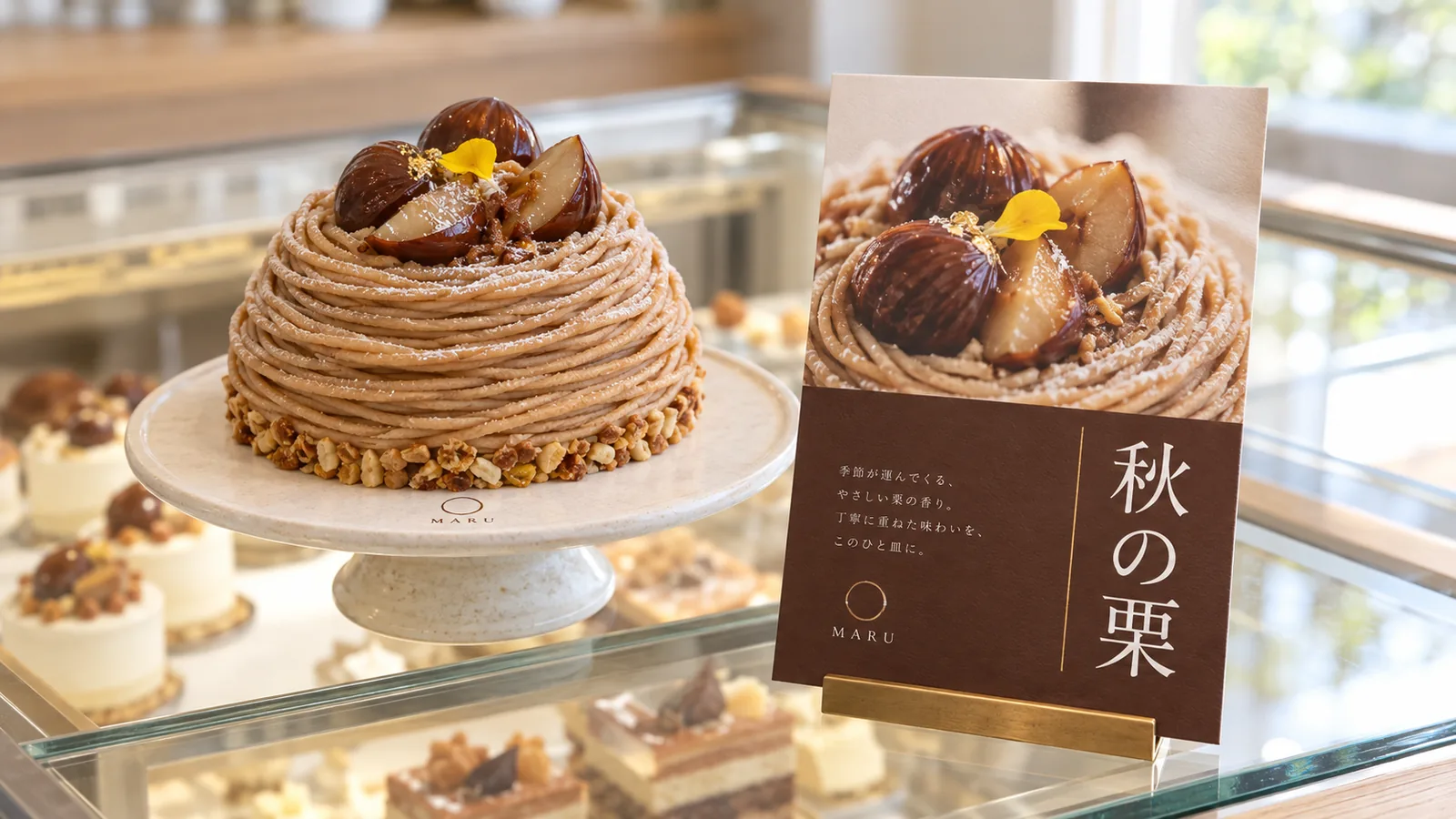 洋菓子店のショーケースの上に、栗のケーキと、同じケーキの写真を使った紹介カードが真鍮のスタンドに立ててある