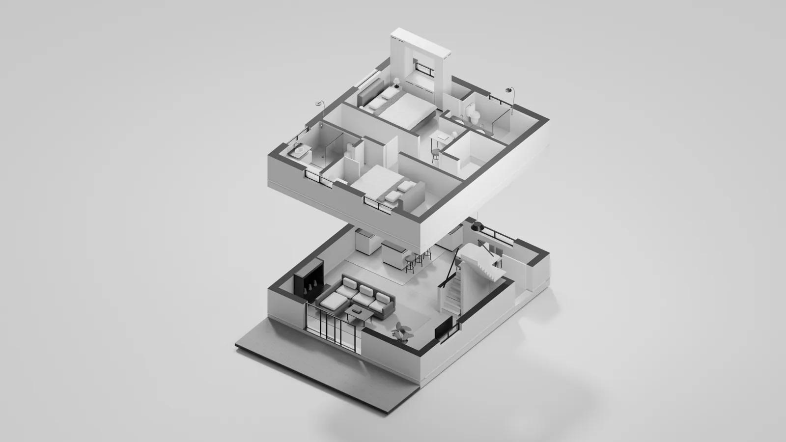 Codexが最初に書き出した分解図。屋根を外し、2階を持ち上げて1階と2階を斜め上から見たもの。2階の北側の窓の左右に、天井近くまである白い収納が立っている。2階の中央には机と丸い椅子がある