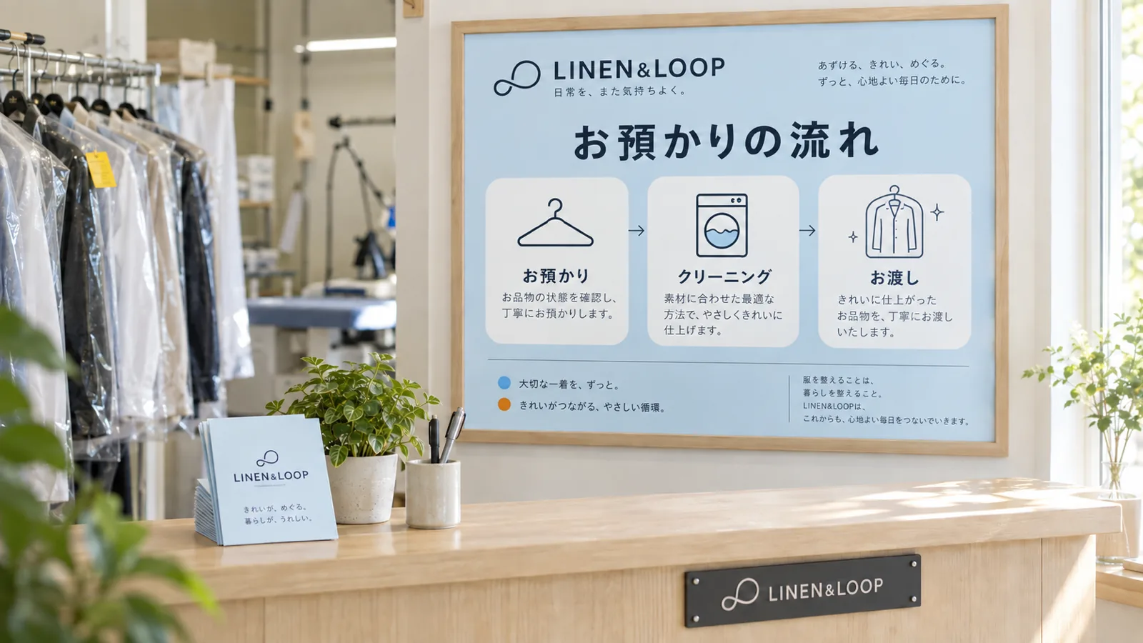小さなクリーニング店の受付カウンター脇の壁に掛けた、営業案内のボード