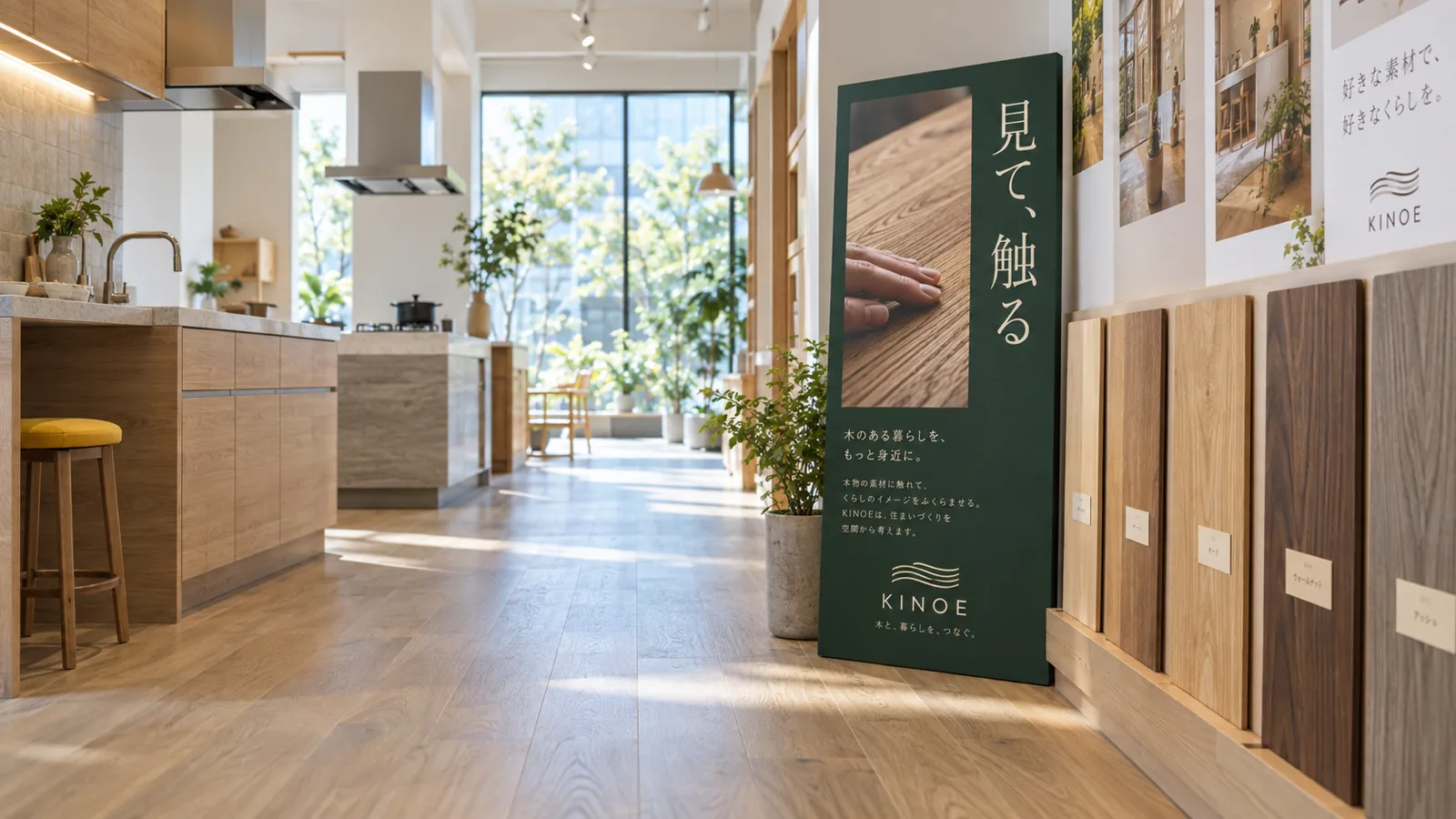 リフォーム会社のショールームの通路。キッチンや床材の見本が奥まで並んでいる