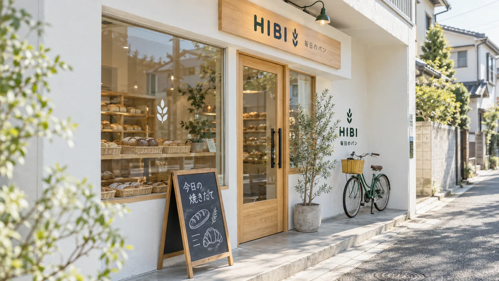朝のパン屋の店先。入口の上に店名のサイン、入口の脇に「今日の焼きたて」と書いた小さな黒板が置いてある