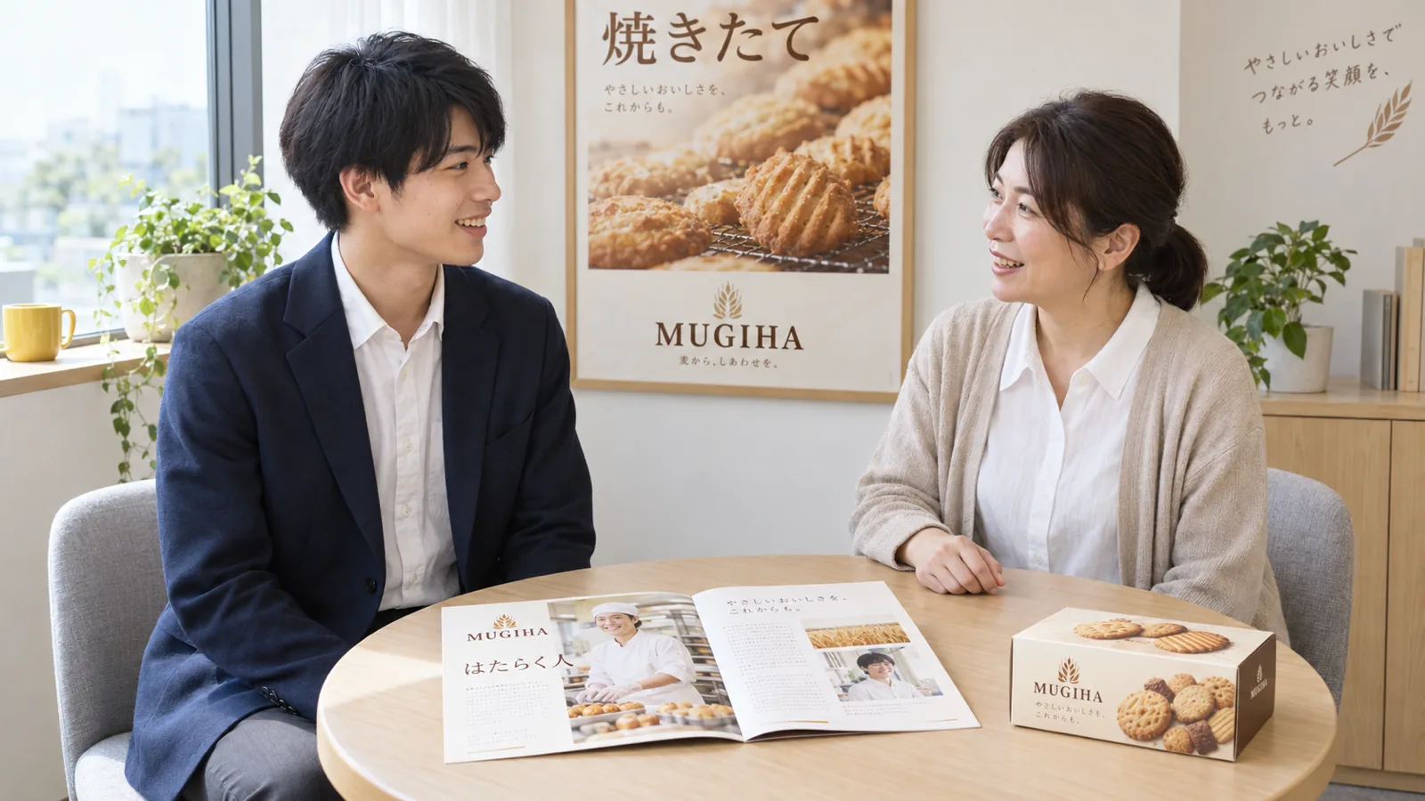 会社見学に来た若い男性に、職場の担当者が会議室で会社案内を見せながら話している様子