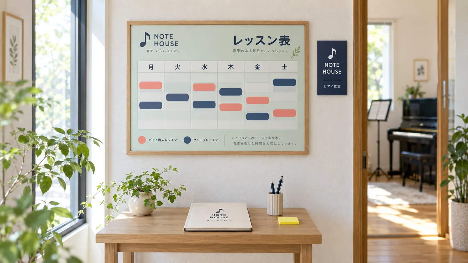 小さなピアノ教室の玄関ホールに掛けた、レッスン時間割の掲示ボードと、テーブルの上の紙の予約ノート