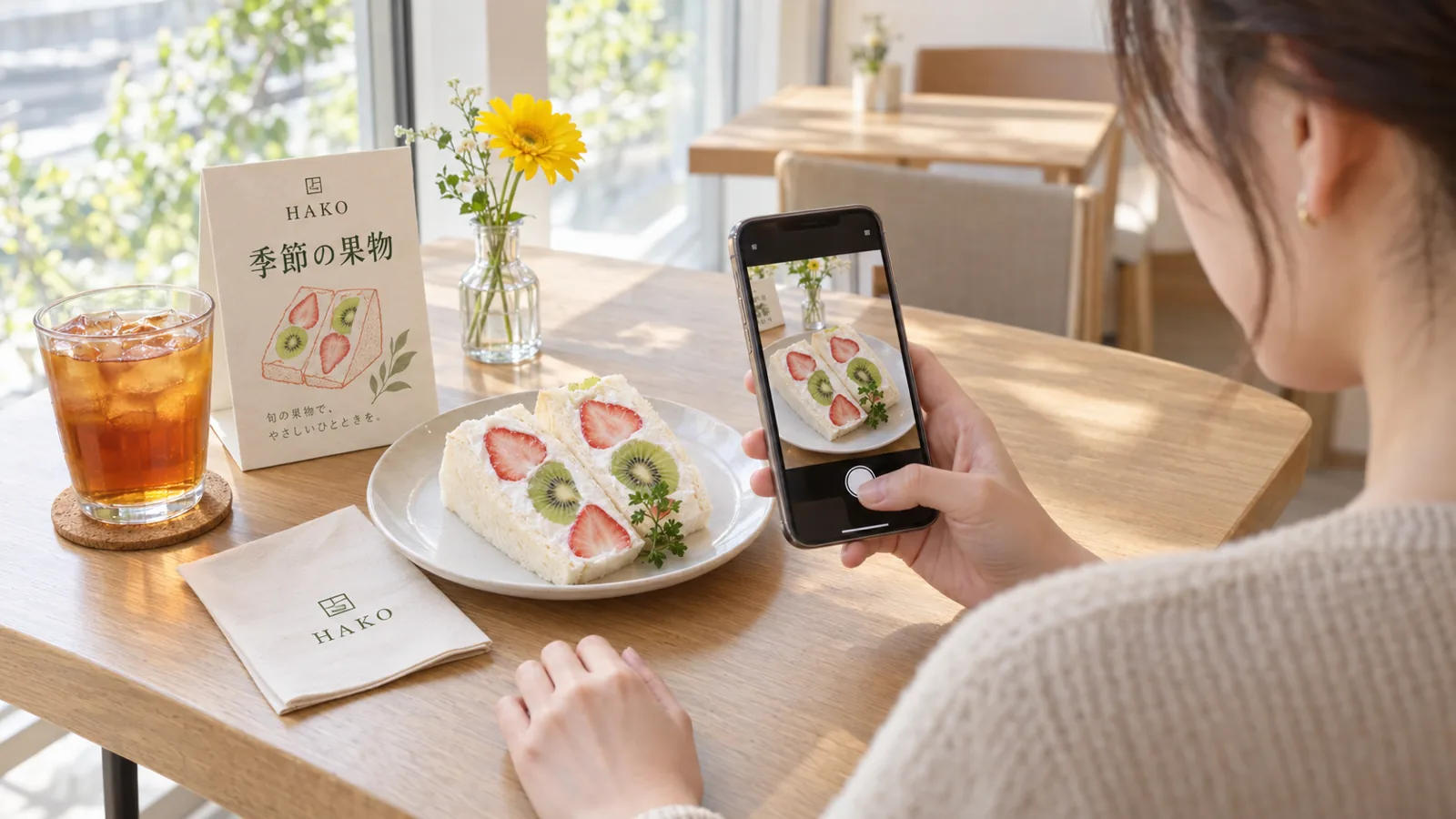 カフェの窓際の席で、お客さまがフルーツサンドをスマートフォンで撮影している肩越しの場面