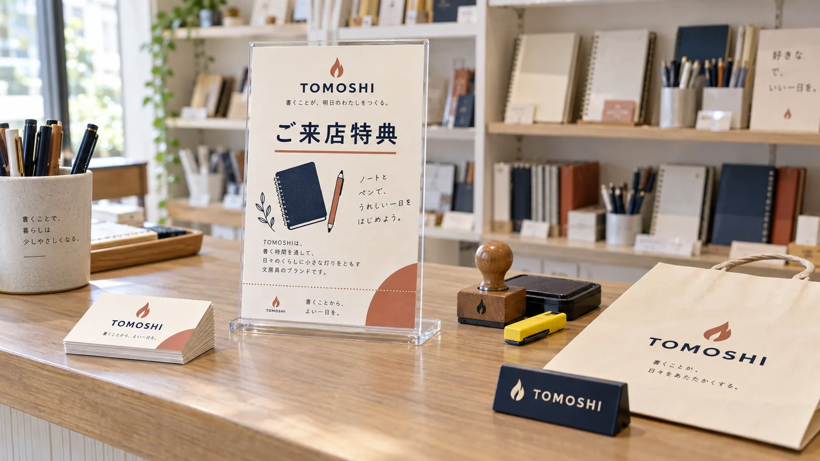 文房具店のレジ横に置かれた、SNSを見て来店した方への特典カード