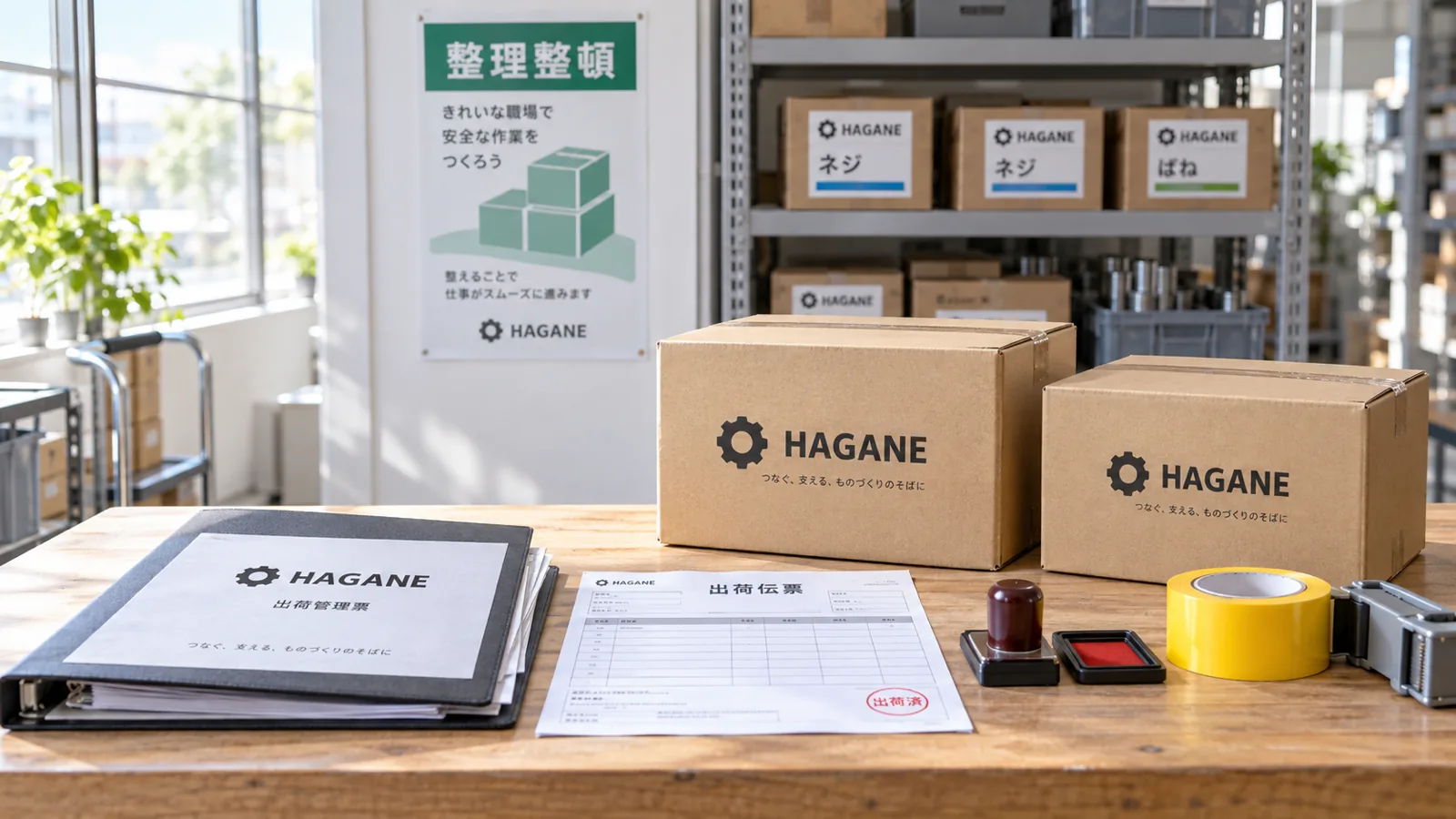 小さな部品卸の出荷台に置かれた、紙の伝票を挟んだバインダーと、ラベルを貼った棚