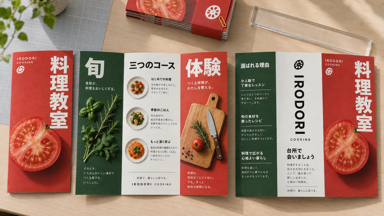 折りたたんだ三つ折りパンフレットと、広げた中の3面を並べて置いた作業台