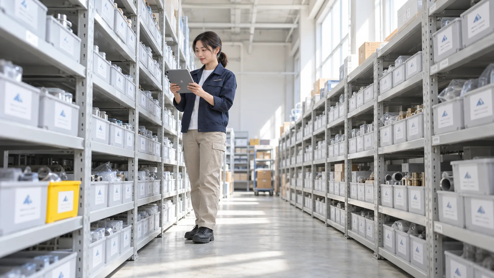 小さな会社の倉庫の通路で、スタッフが棚の前に立ち、会社で作った在庫管理のシステムをタブレットで確かめている